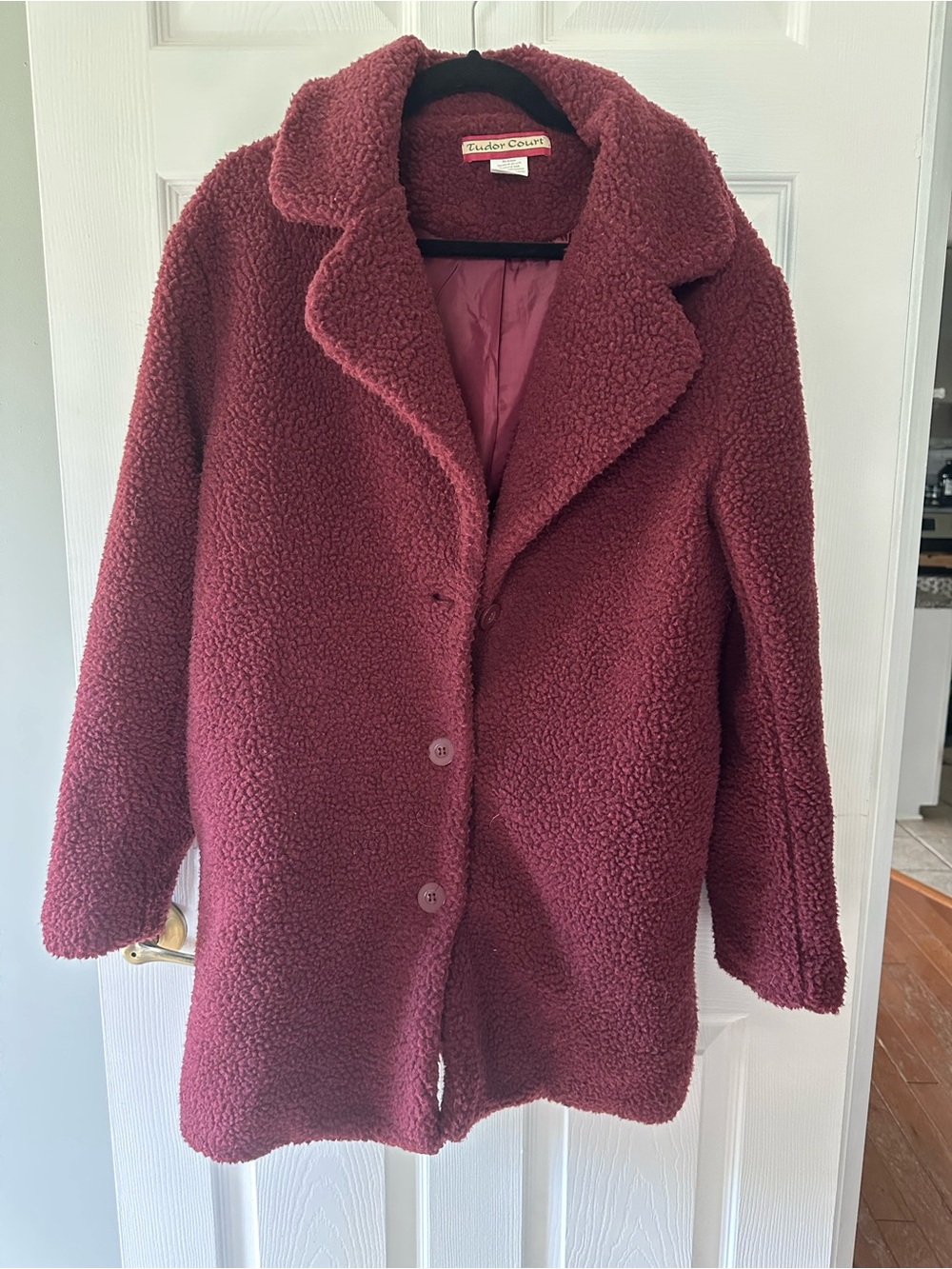 Teddy Coat by Tudor Court in Burgundy - Button-Front Faux Shearling Jacket